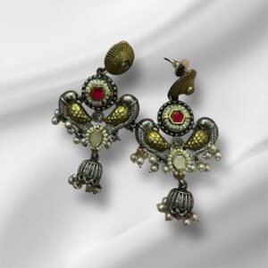 Lightweight Silver Replica Dual-Tone Pachi Kundan Handmade Jhumki Earrings