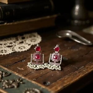 Lightweight Silver Replica Dual-Tone Pachi Kundan Handmade Jhumki Earrings