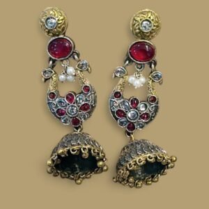 Lightweight Silver Replica Dual-Tone Pachi Kundan Handmade Jhumki Earrings