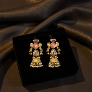 Lightweight Silver Replica Dual-Tone Pachi Kundan Handmade Jhumki Earrings